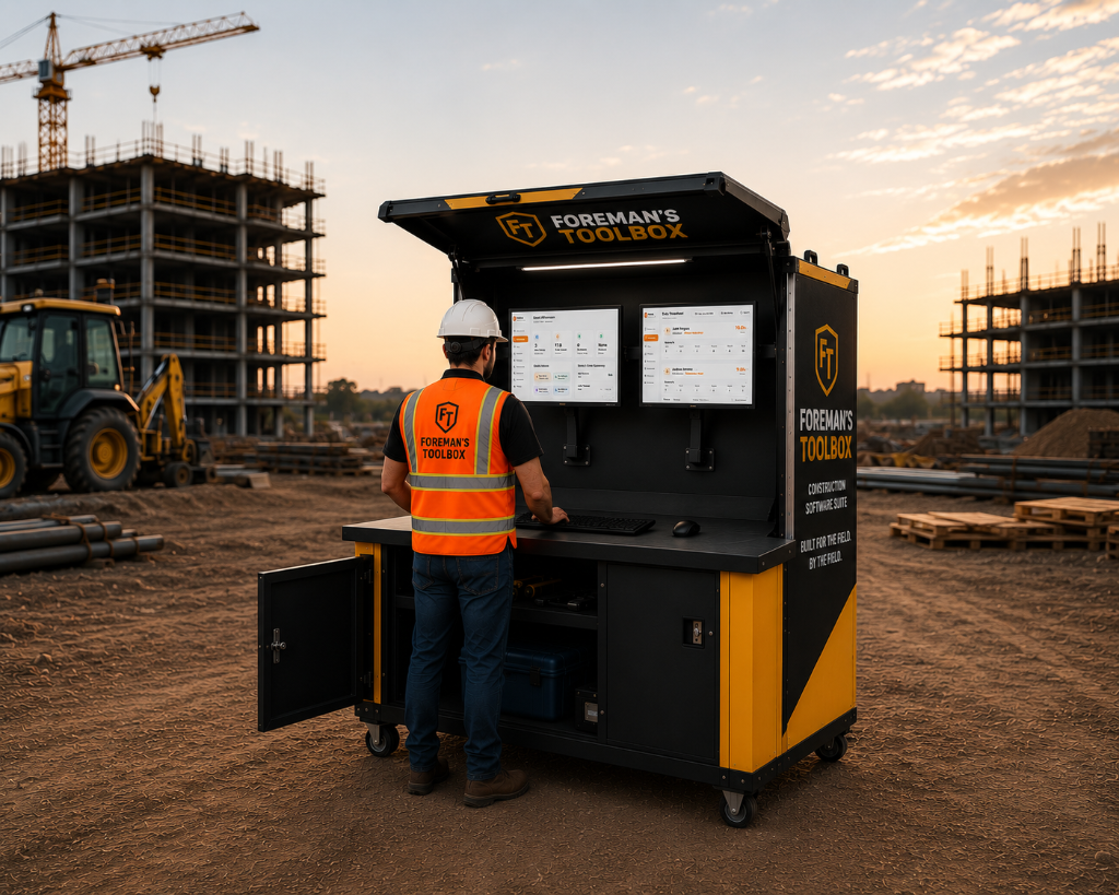 Foreman's Toolbox branded field workstation at a construction site